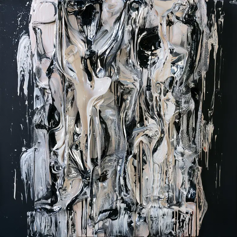 Textured Abstract Painting with Black, White, and Beige Tones
