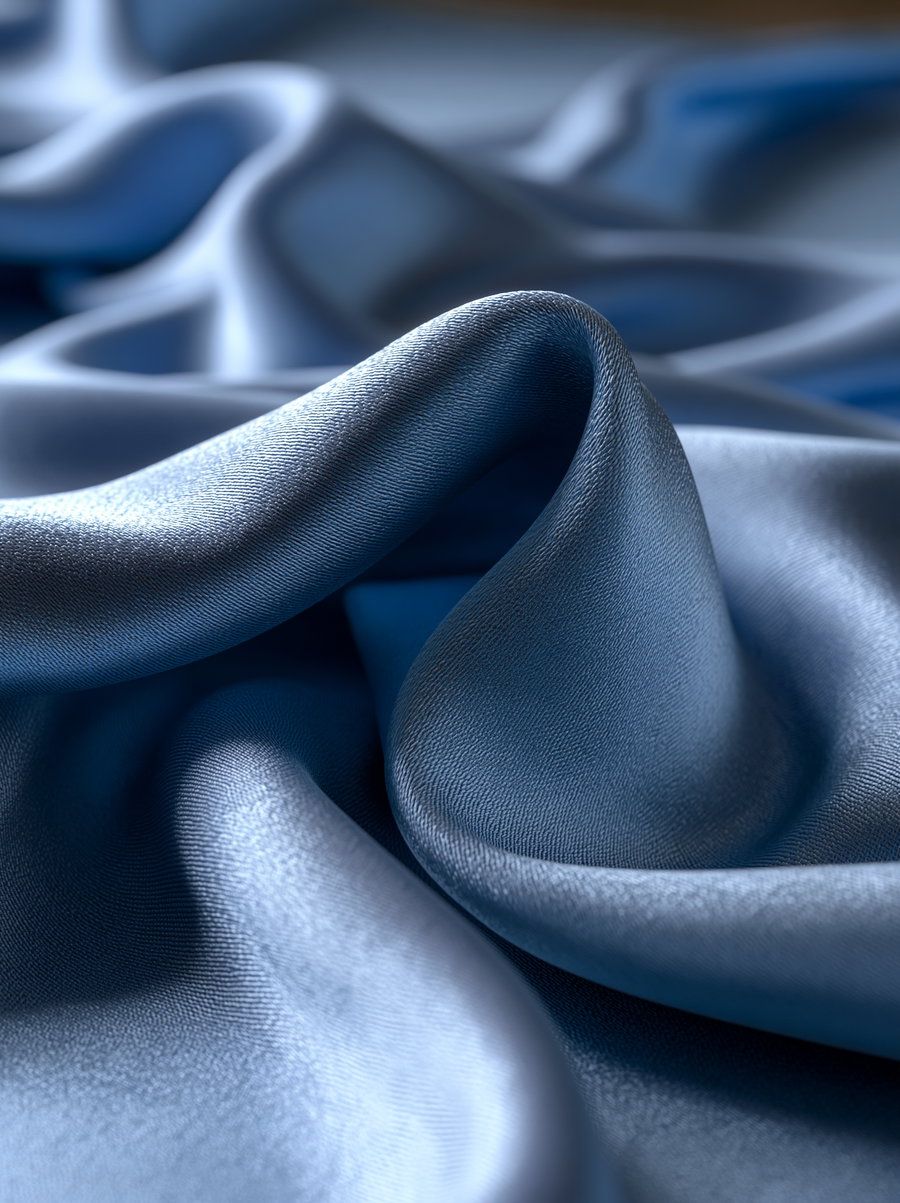 A detailed close-up of smooth blue satin fabric with soft, flowing folds and a subtle shiny texture reflecting light.