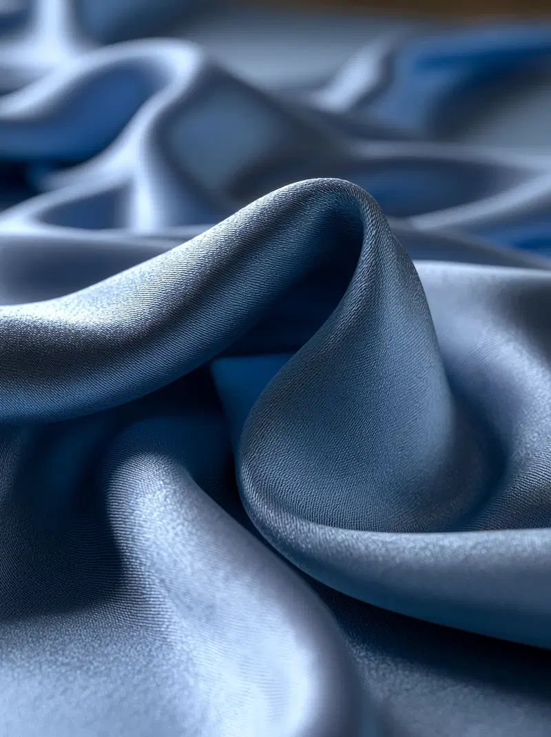 Close-up of Smooth Blue Satin Fabric with Soft Folds and Shine