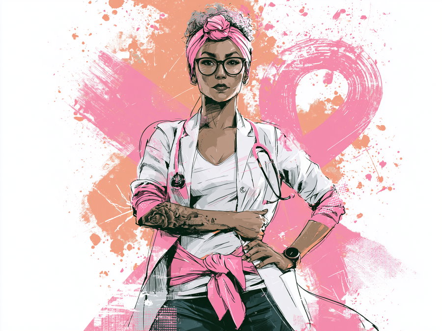 Illustration of a confident female doctor with glasses, tattoos, and a stethoscope, standing with arms crossed against an abstract pink and orange painted background