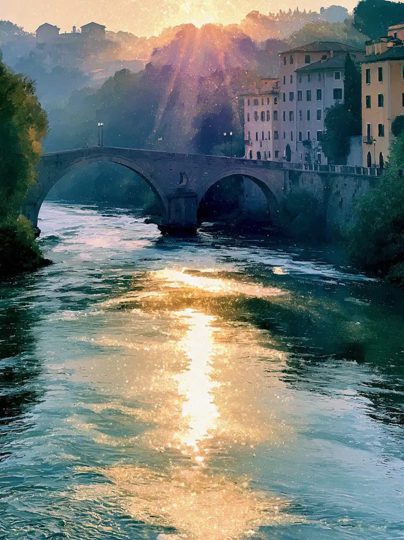 Sunlit river and historic stone bridge with surrounding trees and buildings