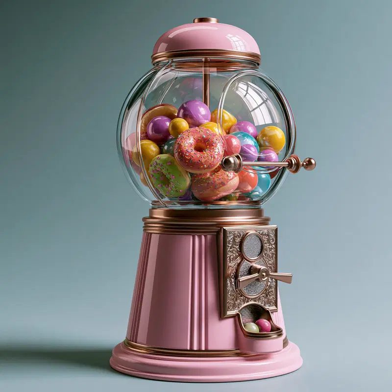 Vintage-style pink gumball machine filled with colorful donuts and candy spheres