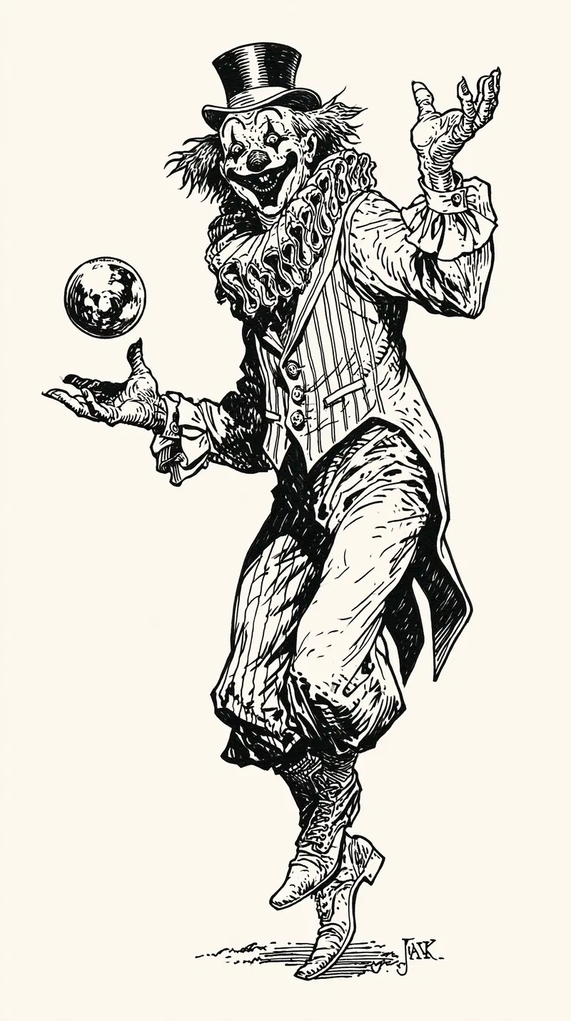 Black and white ink drawing of a jester juggling a ball in a vintage style