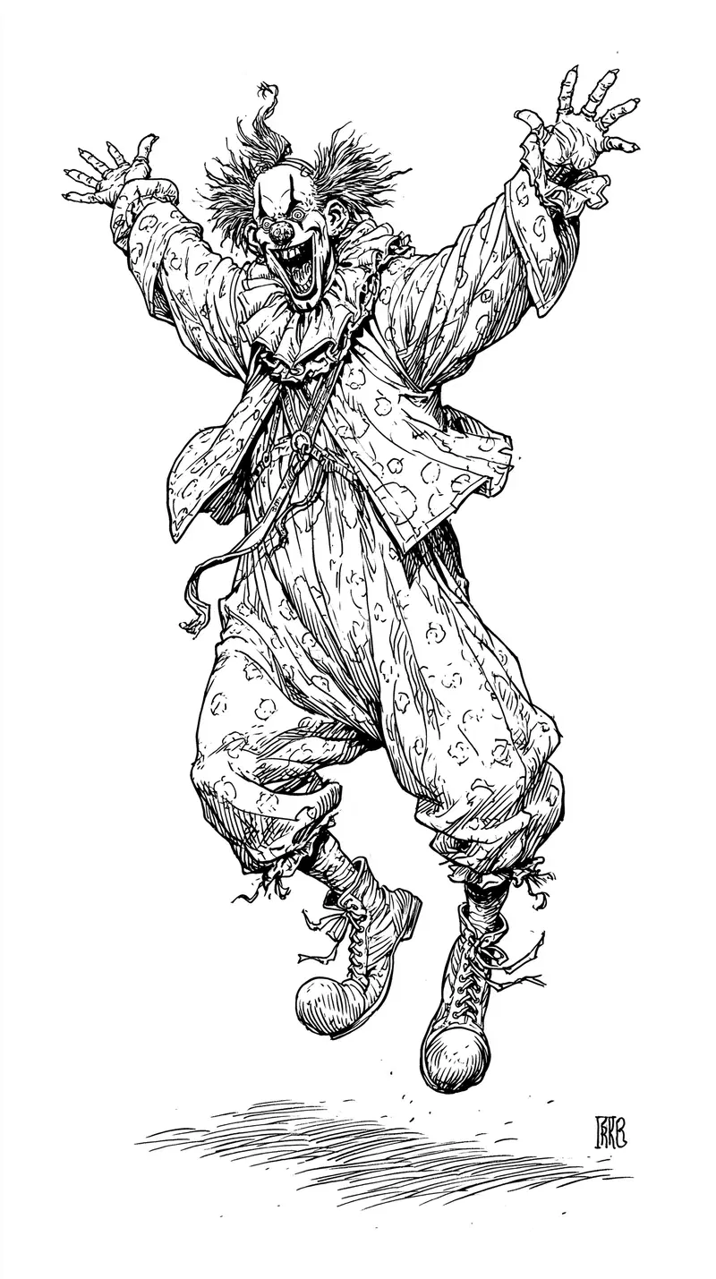 Detailed ink drawing of a lively scary clown jumping with arms wide open
