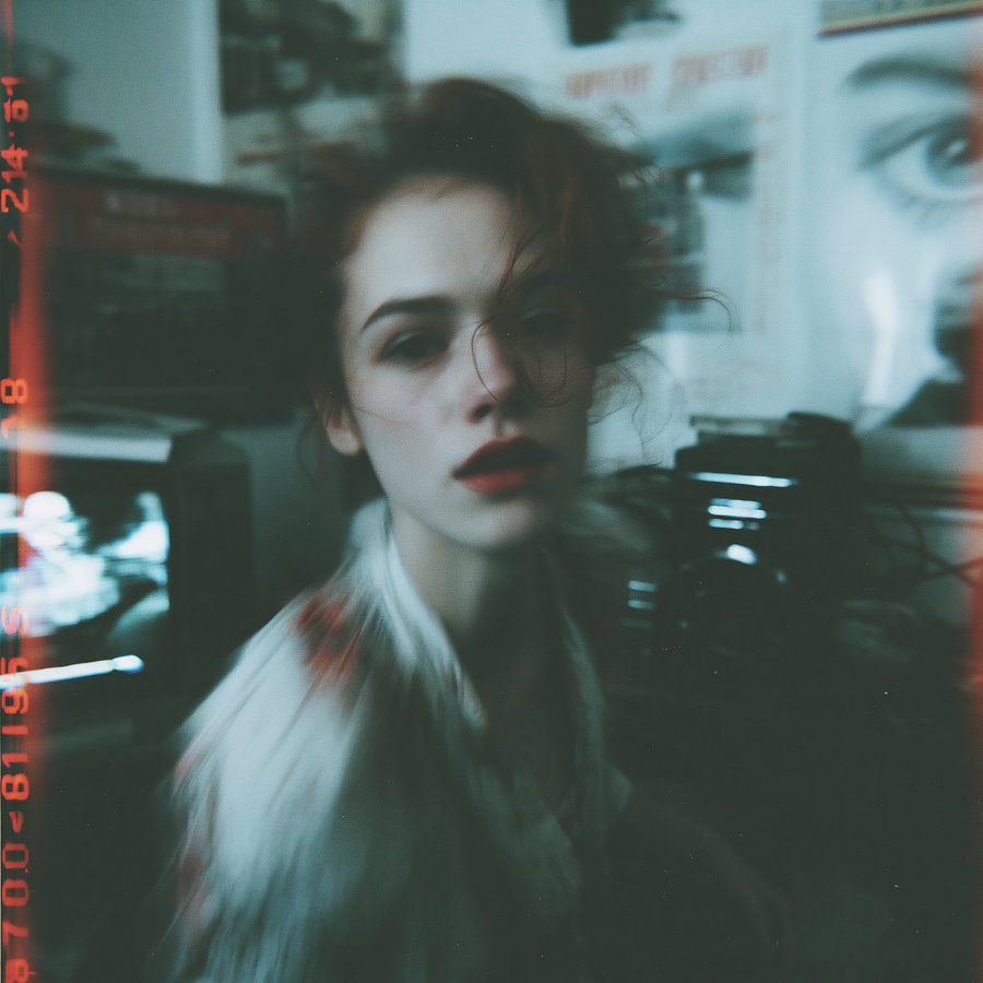 A blurry artistic portrait photograph of a young woman with red lipstick, tousled hair, and a white garment, set in an indoor vintage environment with cameras and posters in the background.