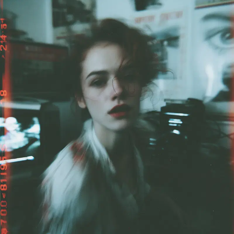 Blurry artistic portrait of a young woman with red lipstick in a vintage setting