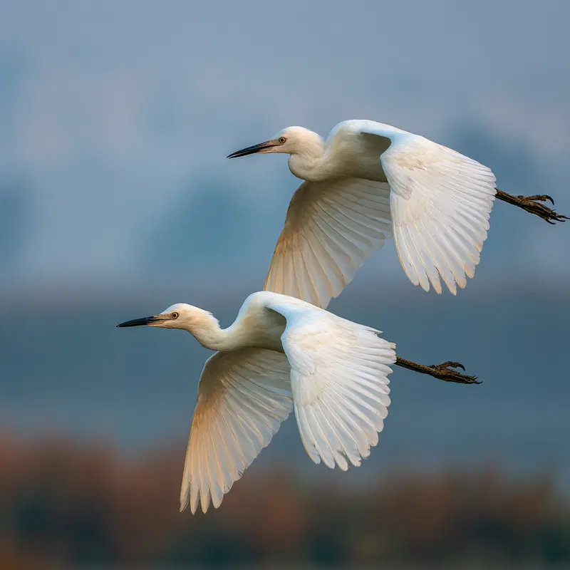 Two elegant white herons flying with wings fully spread in natural habitat