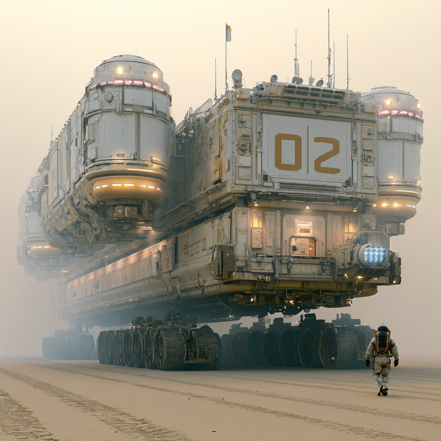 Large futuristic vehicle with tracks and detailed mechanical parts moves through a foggy desert landscape while an astronaut in a suit walks nearby