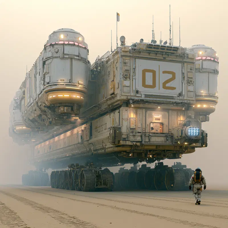 Futuristic desert scene with astronaut and massive tracked vehicle