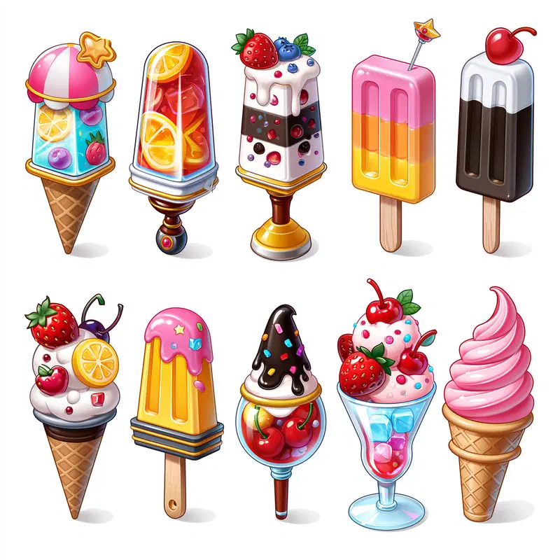 Bright and colorful digital illustrations of various ice cream desserts and popsicles