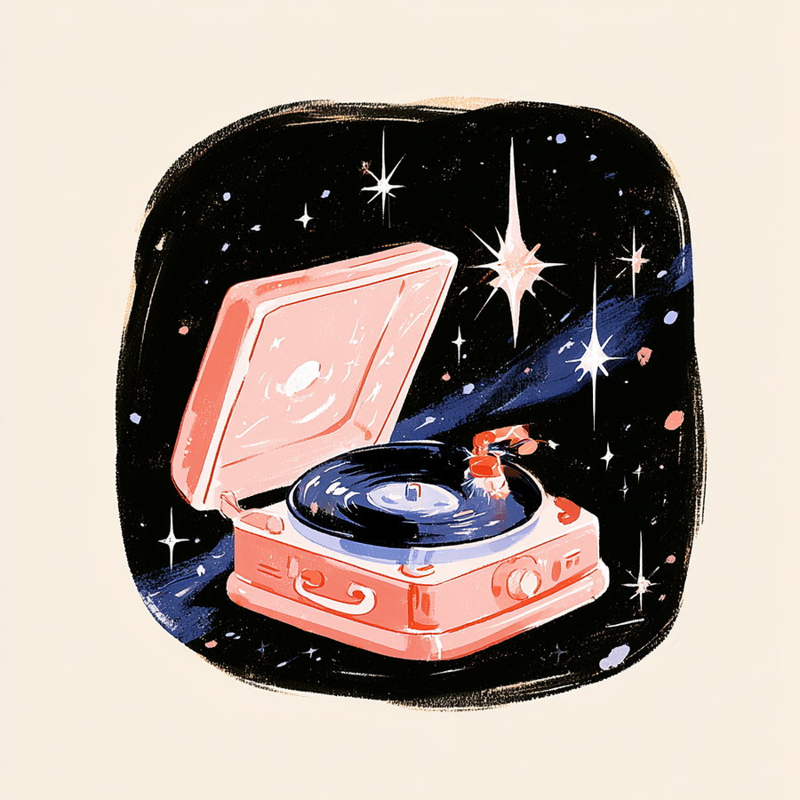 A pink retro record player spinning a black vinyl disk, set against a starry outer space background with bright stars and cosmic light effects