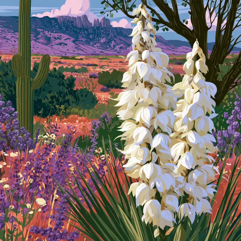 Vibrant desert landscape with detailed botanicals including white yucca flowers