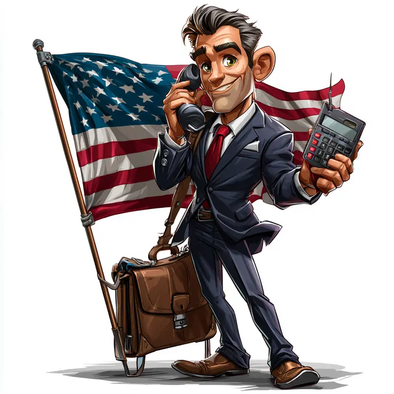 Character illustration of a businessman holding a phone and calculator with flag