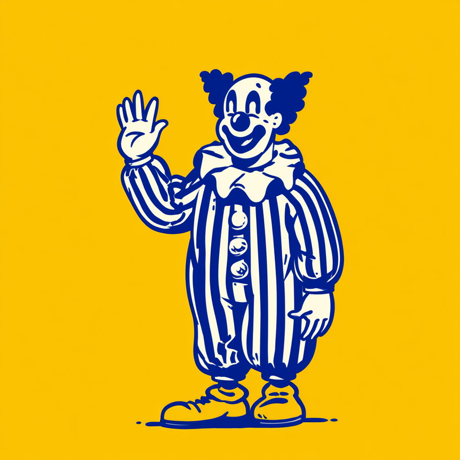 Illustration of a clown with blue and white stripes, three large buttons, a ruffled collar, curly hair, and a big smile waving with one hand on a solid yellow background