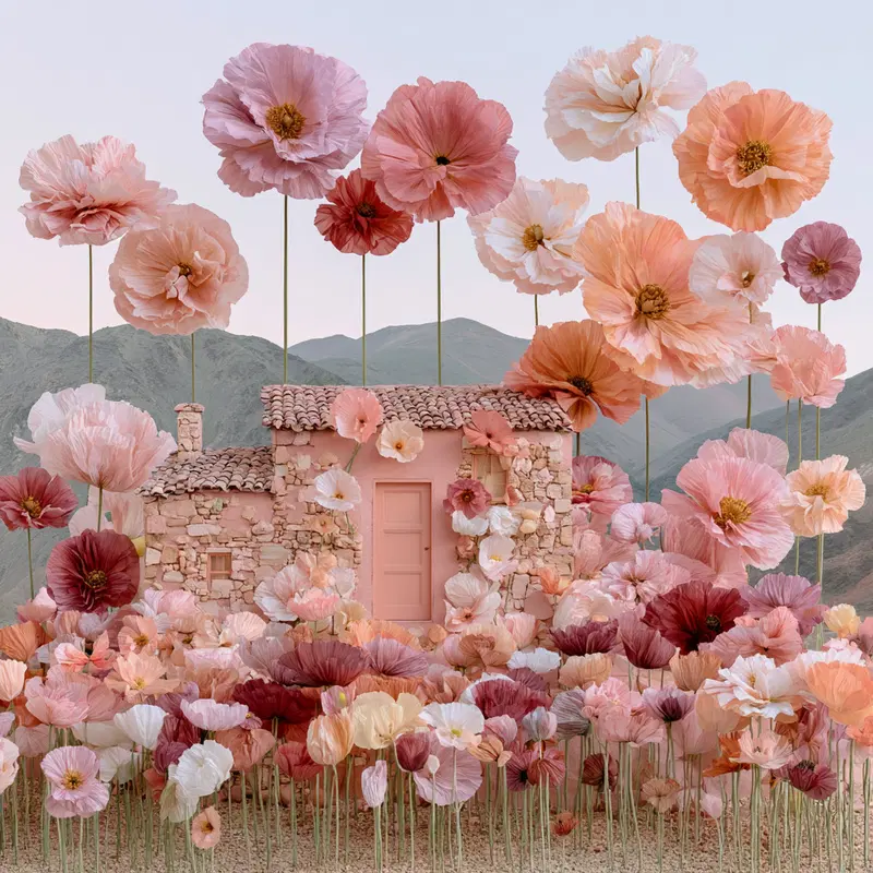 Delicate pastel floral botanical illustration with a rustic stone house