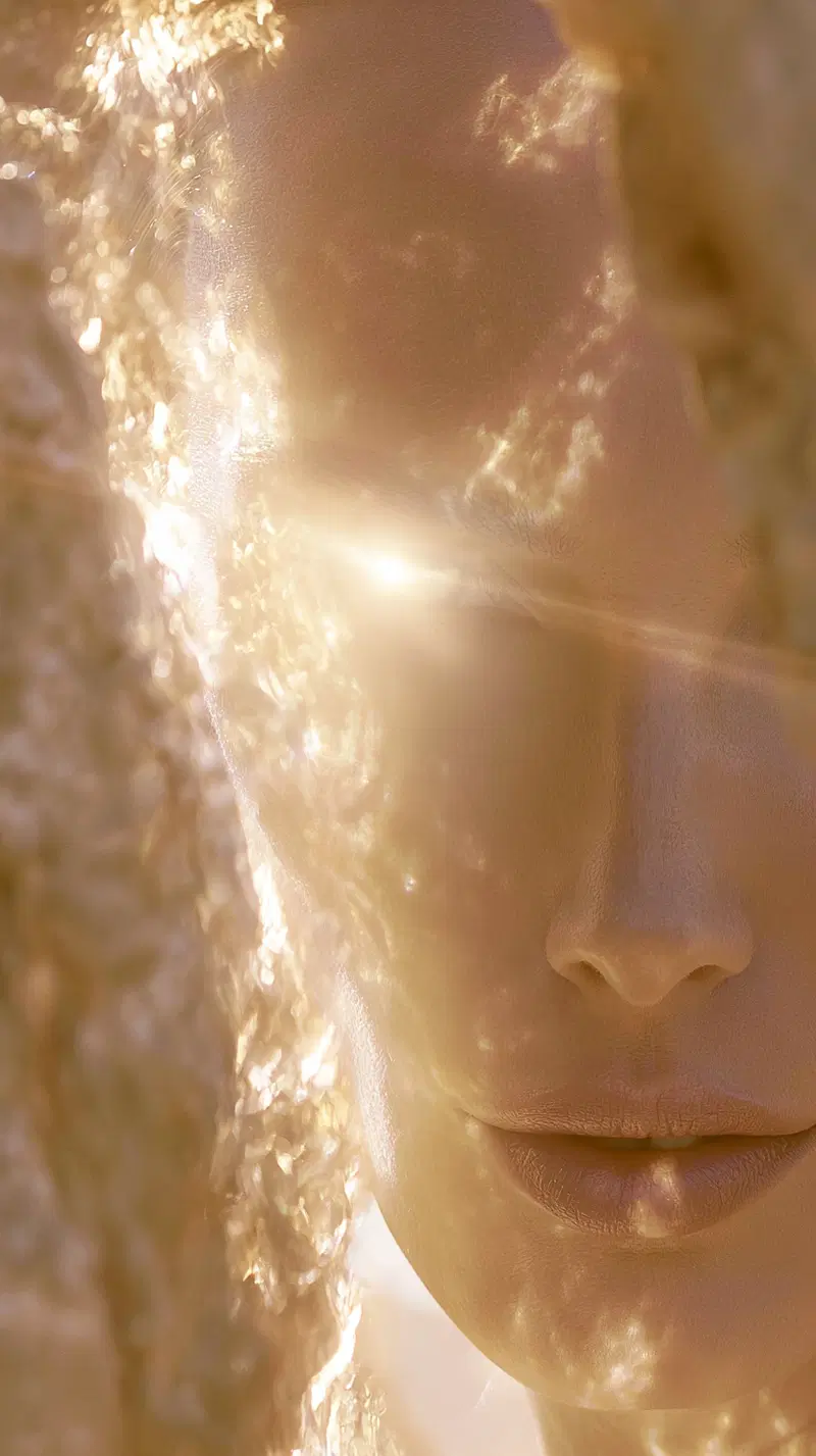 Close-up artistic portrait with intricate light reflections and soft textures