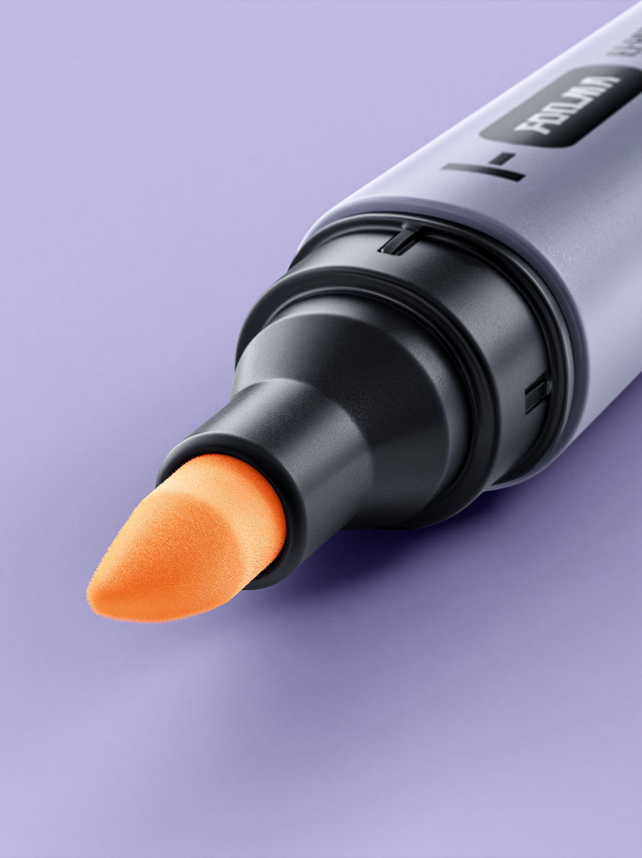 Detailed image of an orange acrylic paint marker tip with a purple surface in the background