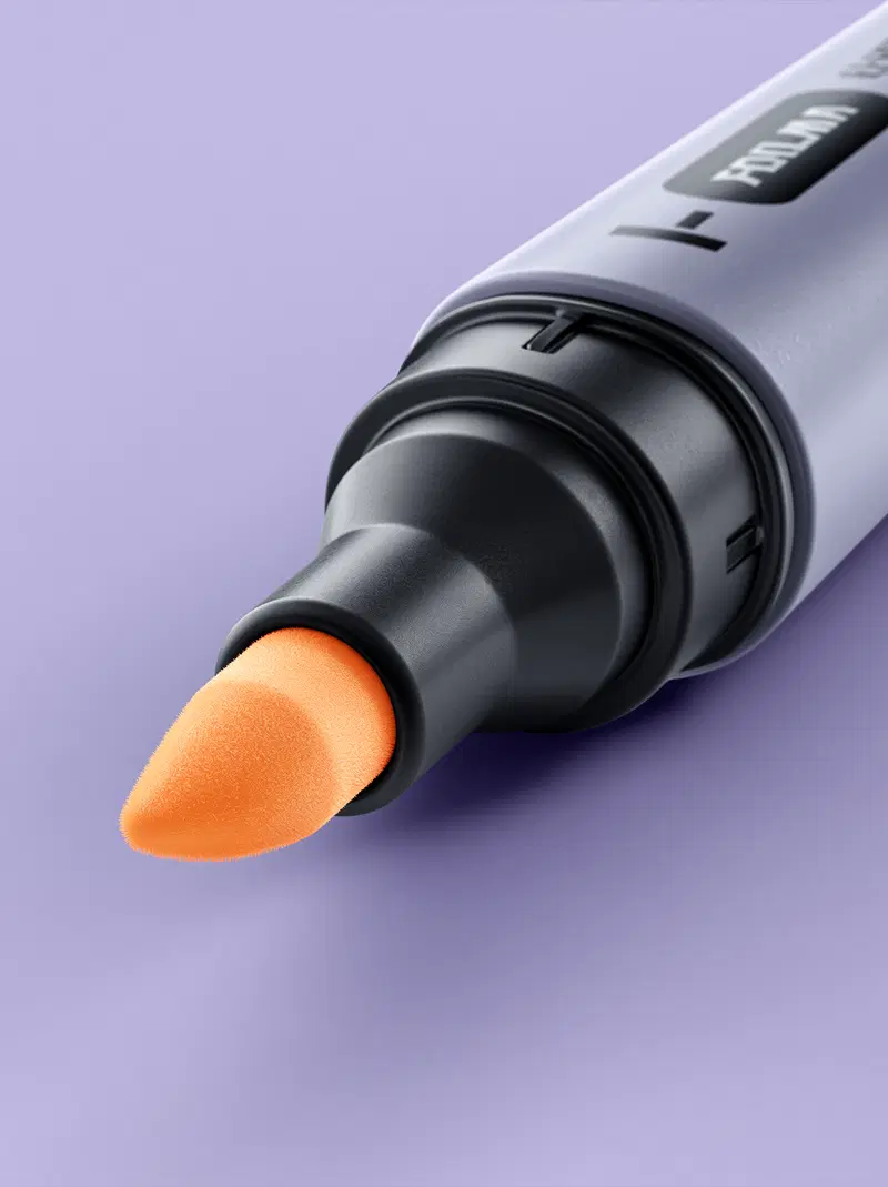 Close-up of an orange acrylic paint marker tip on a purple background