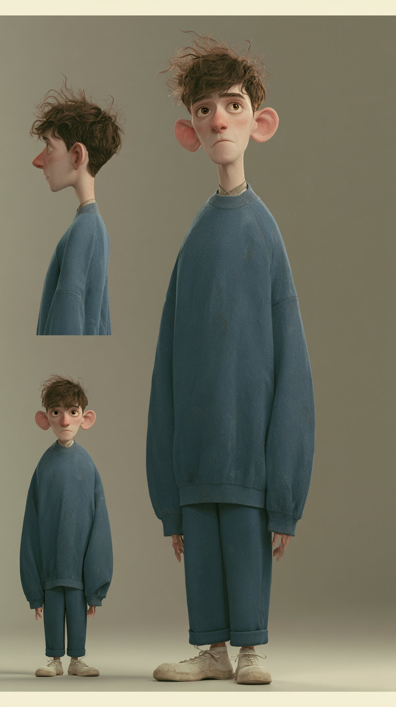 3D character design showing front and side views of a young man with large ears, messy brown hair, wearing a large blue sweater, blue pants, and beige shoes, set against a plain background