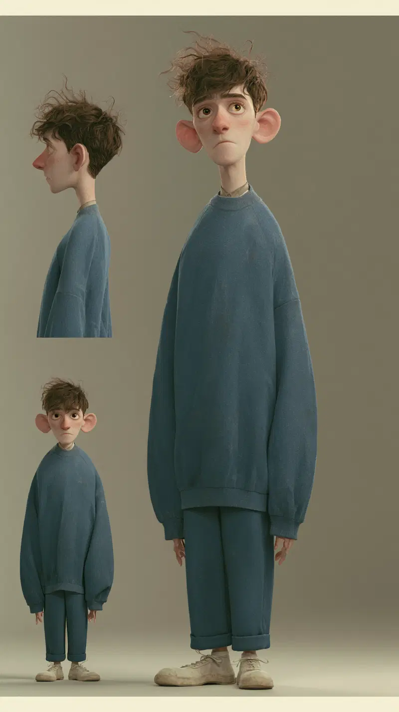 Character design of a young man with exaggerated features wearing oversized clothing