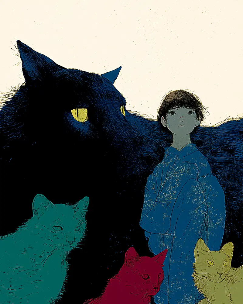 Illustration of a child surrounded by colorful cats in artistic style