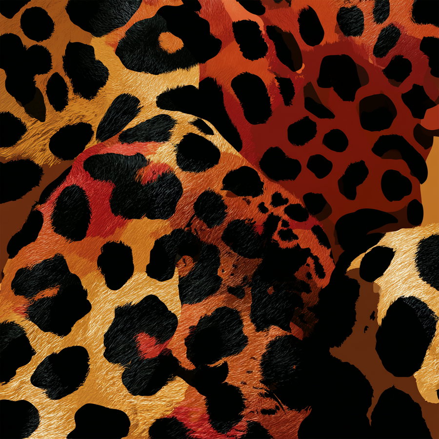 Close-up image showing multiple overlapping leopard print patterns in different shades of brown, orange, red, and black, with visible fur texture