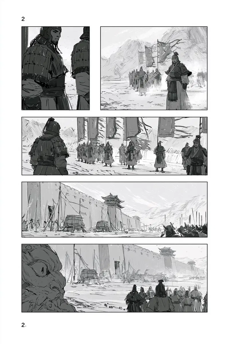Black and white comic panels depicting ancient soldiers and a fortress