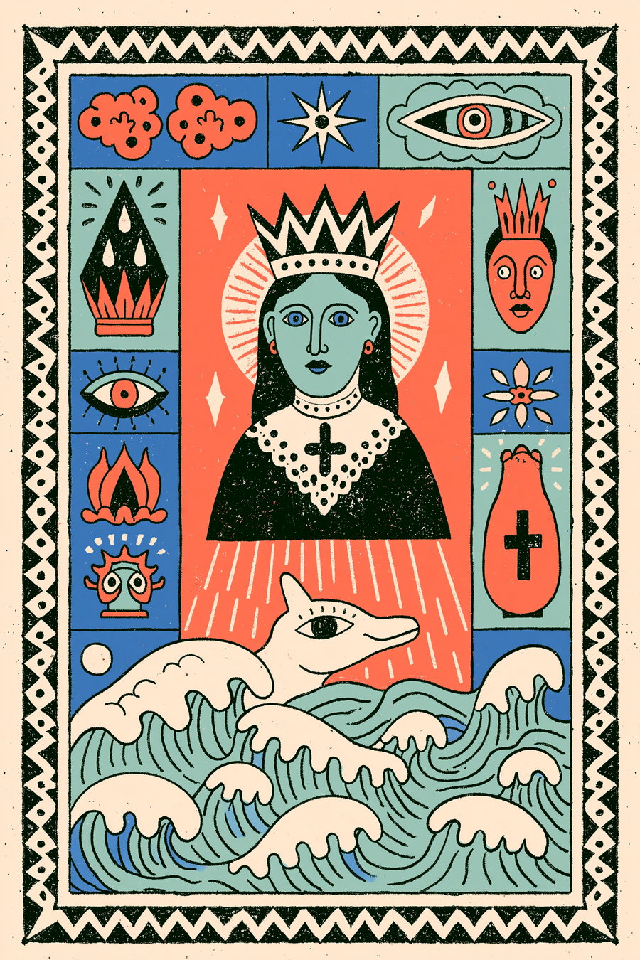 Illustration featuring a queen with a crown and lace collar, framed by various symbolic motifs such as eyes, a crown, flowers, and shapes, with ocean waves and a stylized sea creature at the bottom.