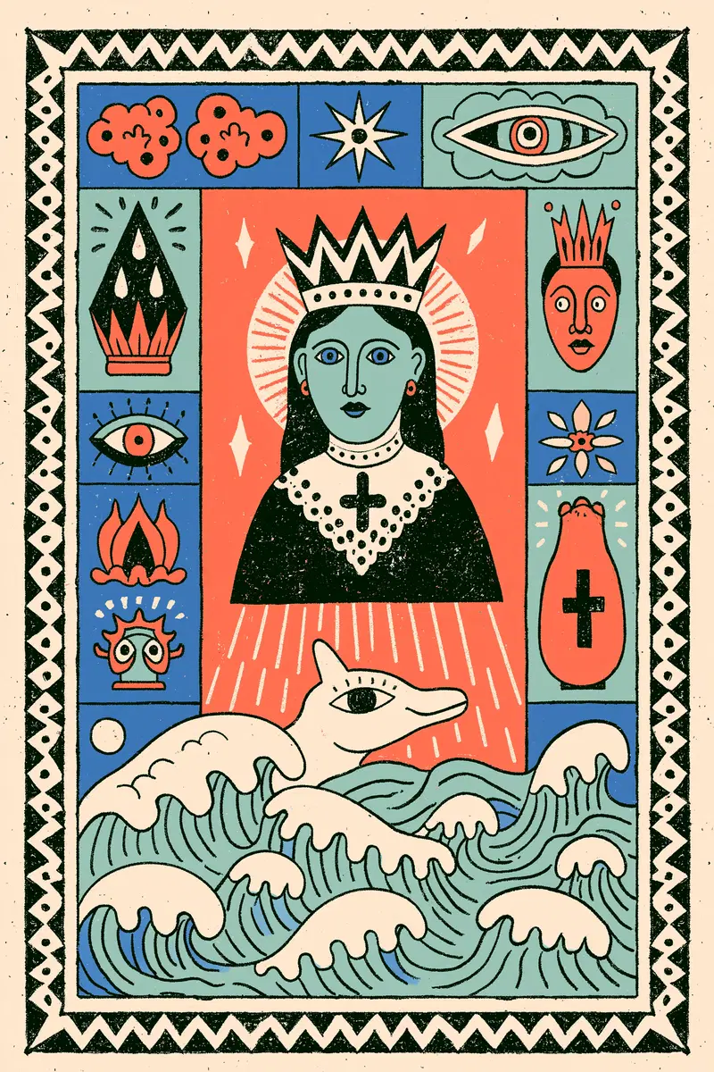 Contemporary Illustration of a Queen Surrounded by Symbolic Motifs and Ocean Waves