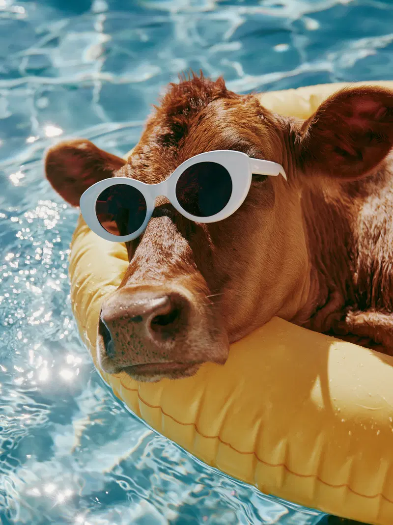 Cow wearing sunglasses relaxing on a yellow pool float in a sunny pool
