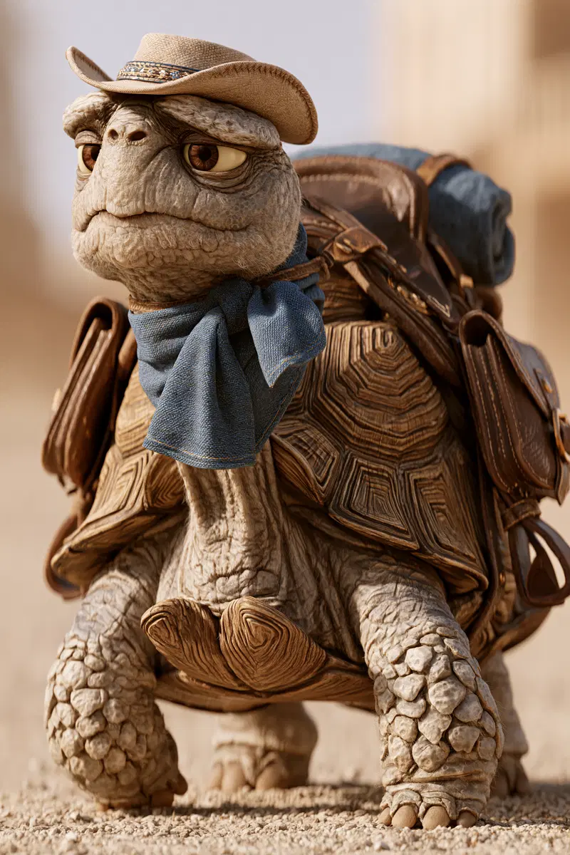Detailed character design of a tortoise cowboy with hat and scarf