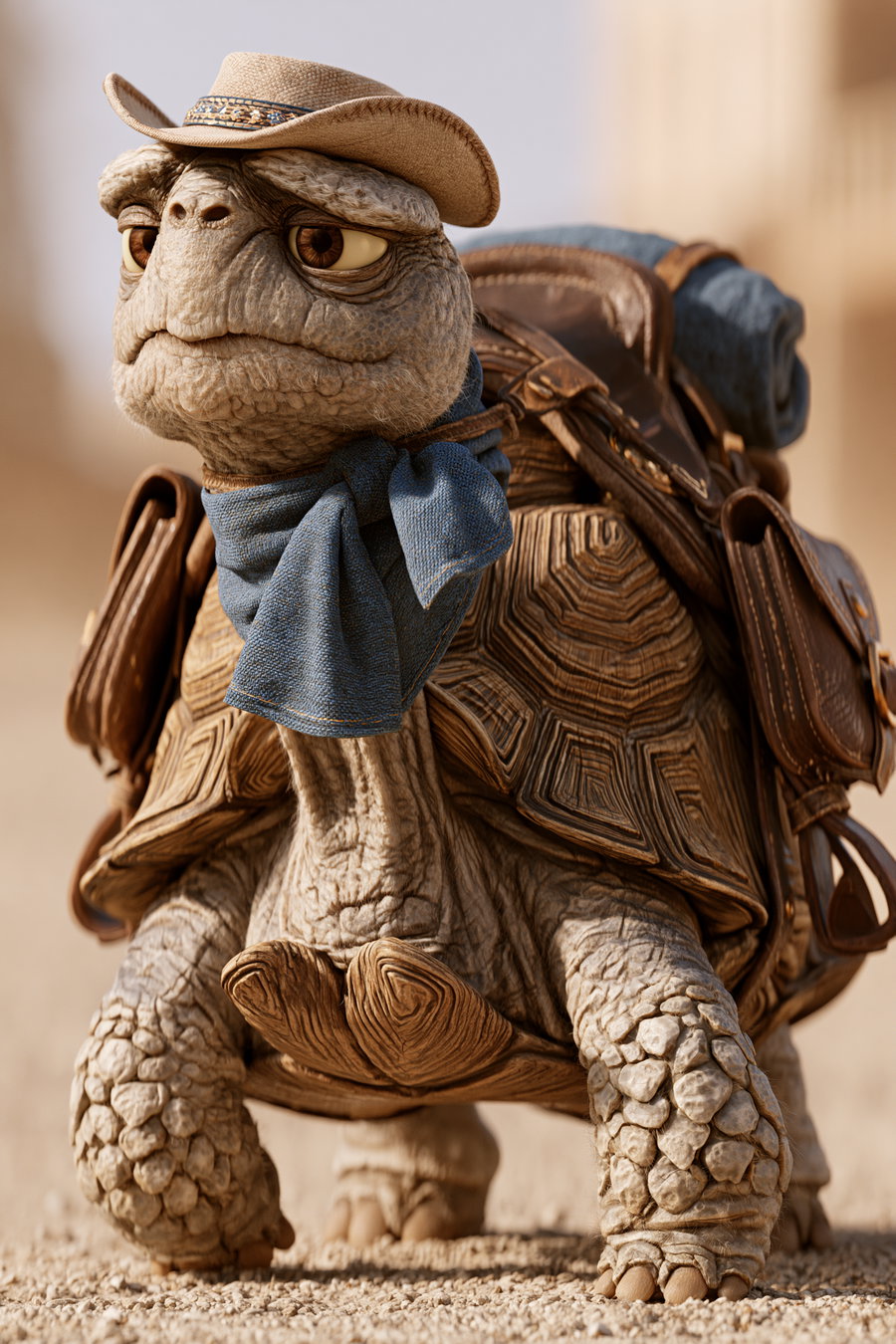 A highly detailed 3D character design of a tortoise wearing a cowboy hat, blue scarf, and saddlebags, walking on a sandy surface