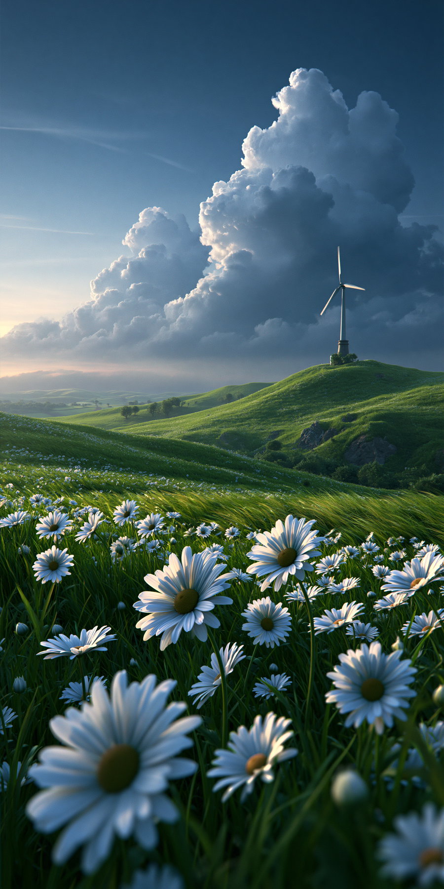 A digital landscape featuring a field of white daisies in the foreground, rolling green hills, a single wind turbine, and large dramatic clouds in the sky
