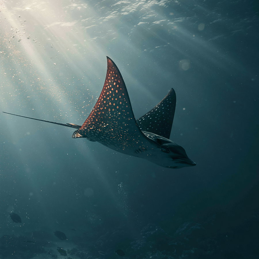 A spotted eagle ray swimming underwater with sunlight filtering through the water and small particles floating around