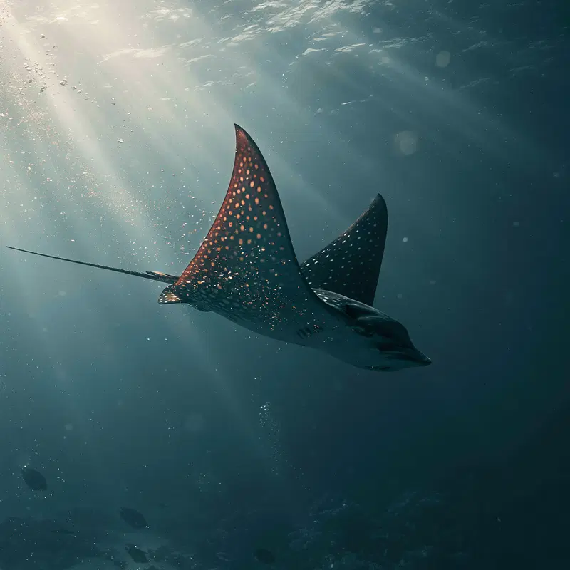 Underwater photo of a spotted eagle ray swimming gracefully in sunlit sea