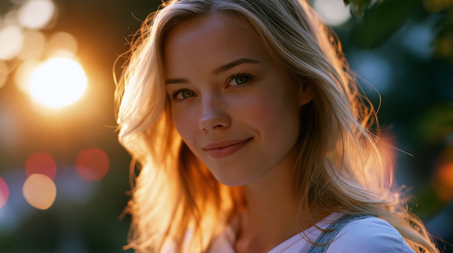 A close-up artistic portrait of a young woman with long blonde hair smiling softly, backlit by a bright setting sun creating a warm glow around her hair and face