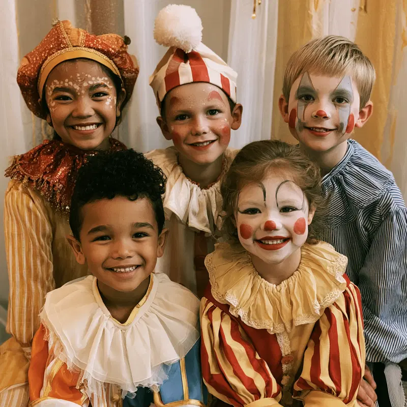 Smiling children dressed as clowns with colorful face paint and vintage costumes