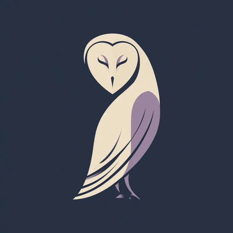 Minimalist digital illustration of a stylized barn owl with soft colors