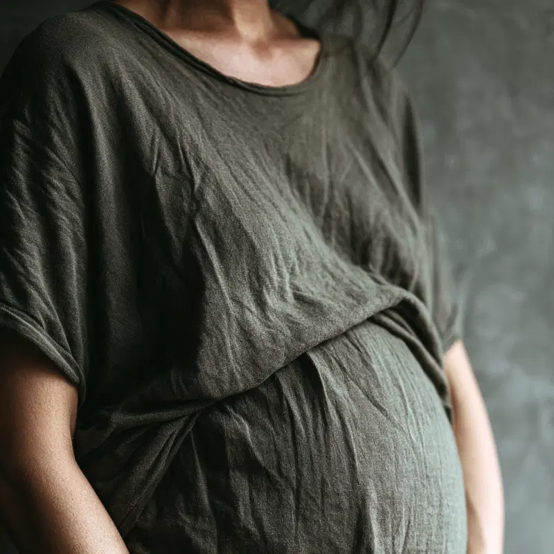 Close-up portrait focusing on the torso of a person wearing a textured loose shirt