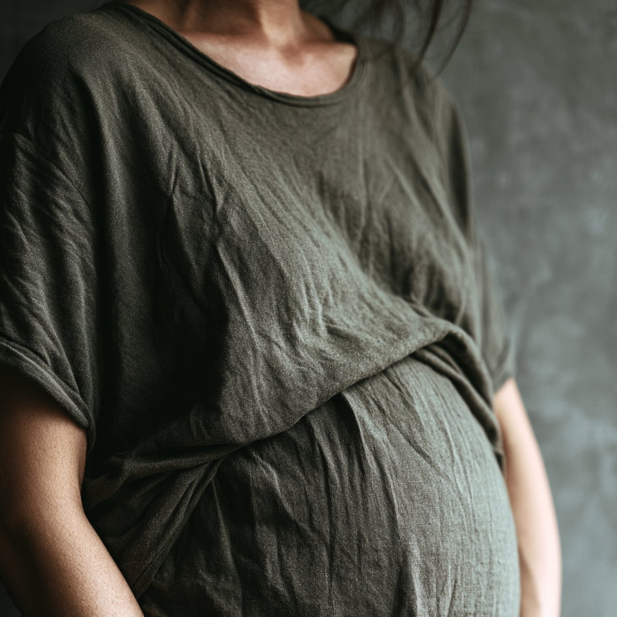 Close-up image showing the torso of a person wearing a wrinkled olive green shirt, with the top half of the shirt lifted slightly revealing the lower torso