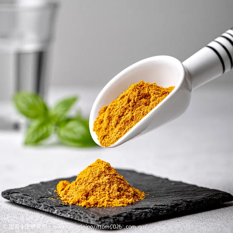 Close-up of vibrant yellow spice powder on white ceramic spoon and slate board