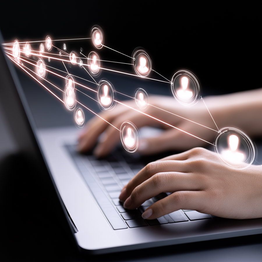Close-up of hands typing on a laptop keyboard with glowing social network icons and connection lines digitally overlaid