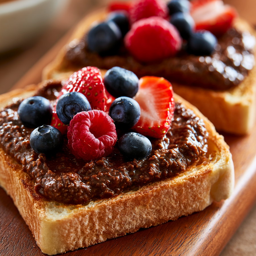Close-up of toasted bread slices with chocolate spread, topped with fresh strawberries, blueberries, and raspberries on a wooden board
