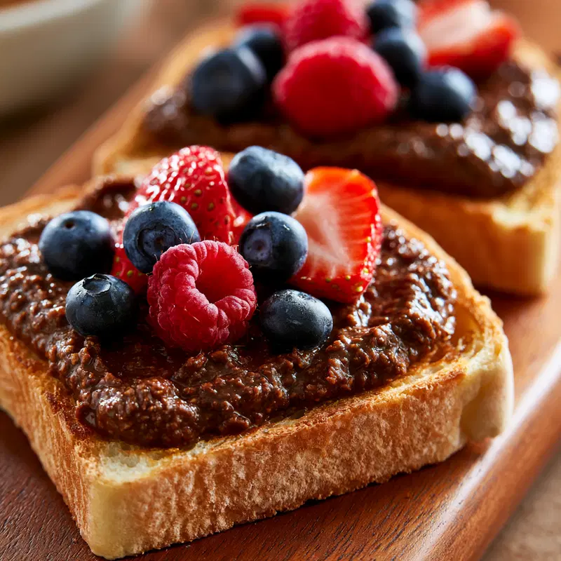 Delicious toast topped with chocolate spread and fresh berries