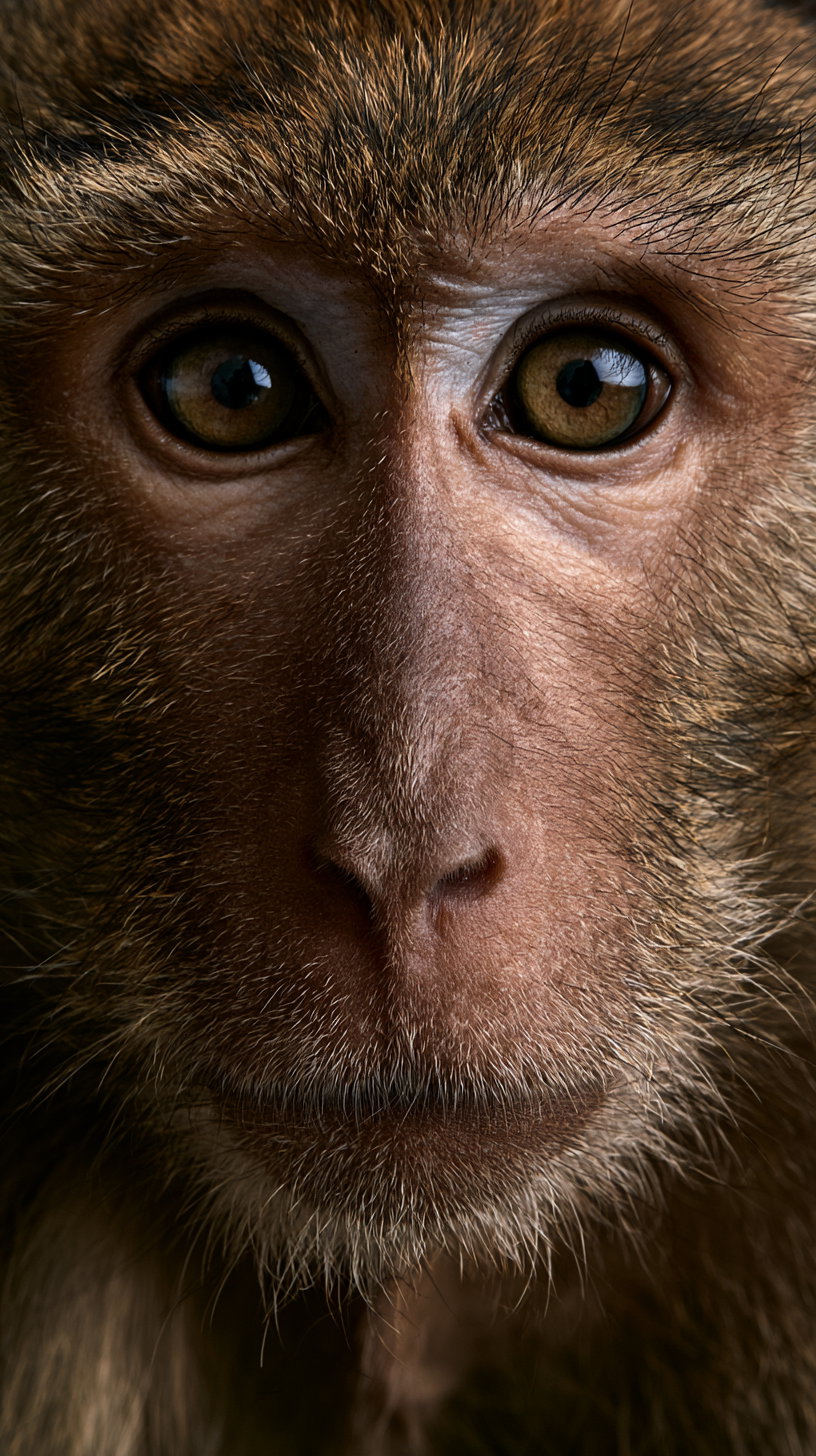 Close-up image of a monkey's face showing detailed skin texture and fur around eyes and nose