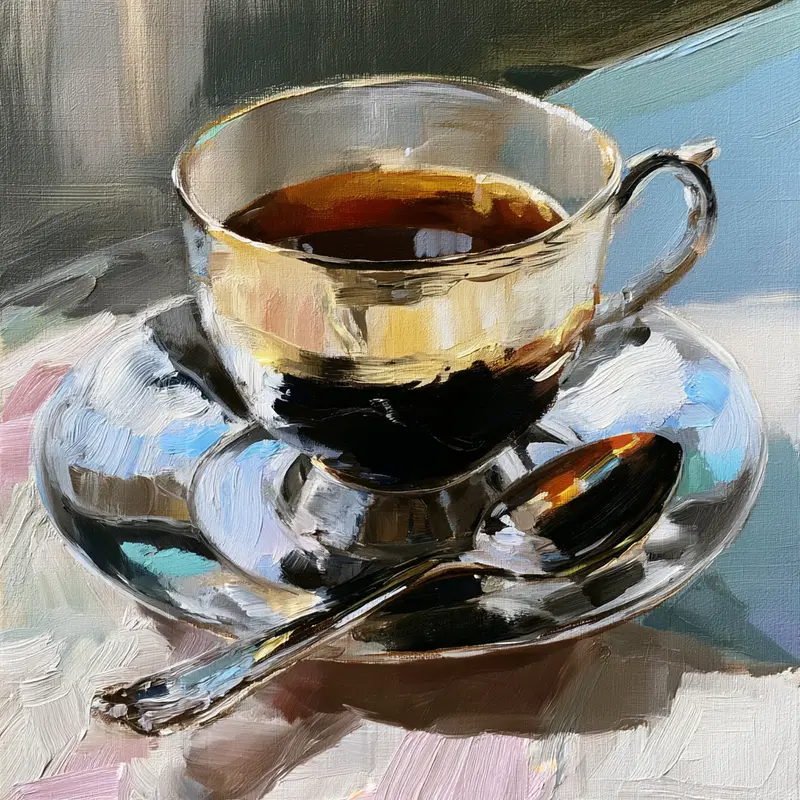 Oil painting of a reflective silver teacup with dark tea and a spoon on saucer