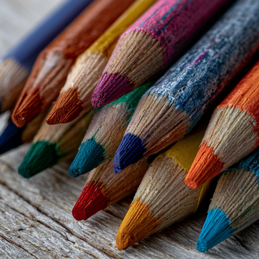 A close-up image showing the tips of multiple colored acrylic pencils with worn, textured paint on them, positioned on a wooden surface.