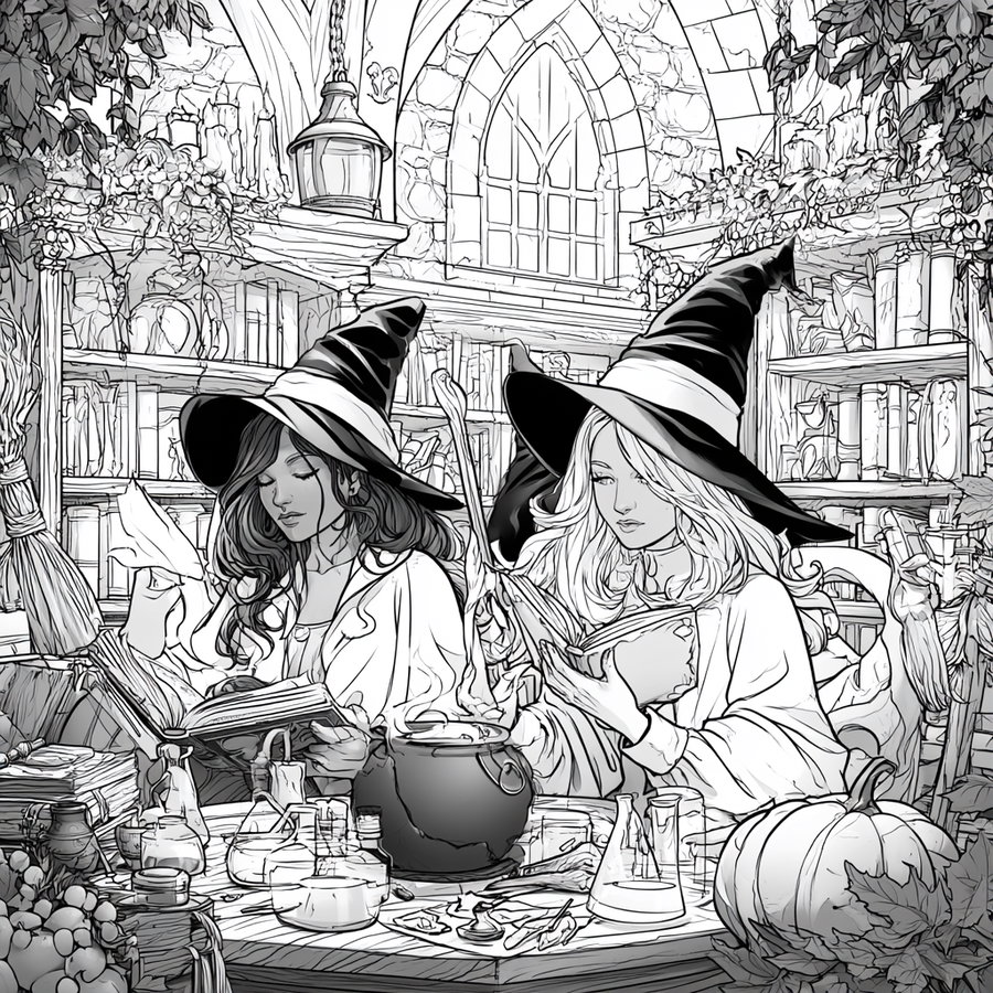 Two women wearing witch hats reading books at a table surrounded by potion bottles, a cauldron, a pumpkin, shelves filled with books, and plants in a rustic stone-walled room