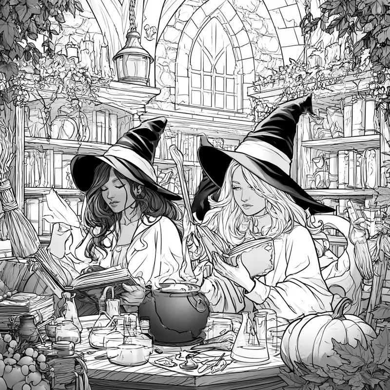 Black and white drawing of two witches reading spell books in a detailed magical library