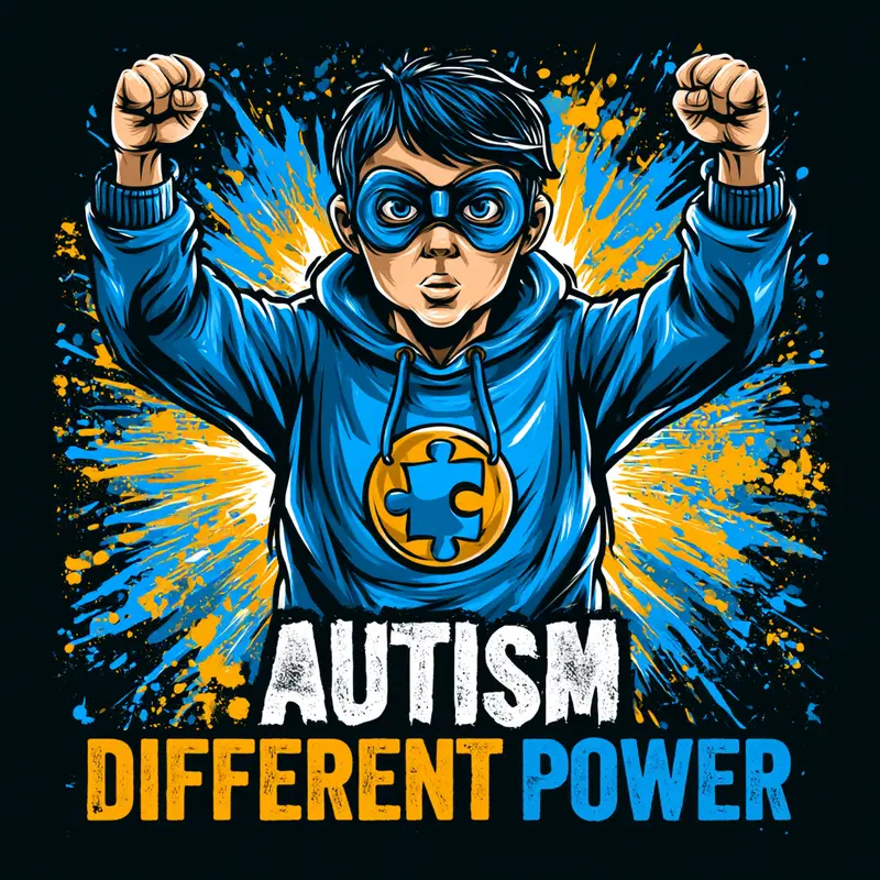 Illustrated portrait of a child superhero with autism awareness theme